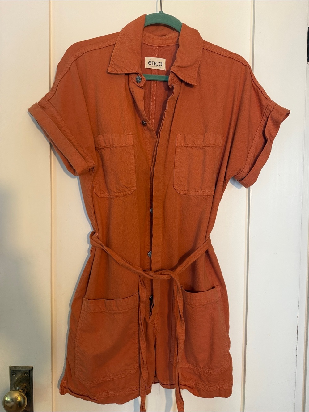 Etica Rust Orange Short-Sleeve Utility Romper